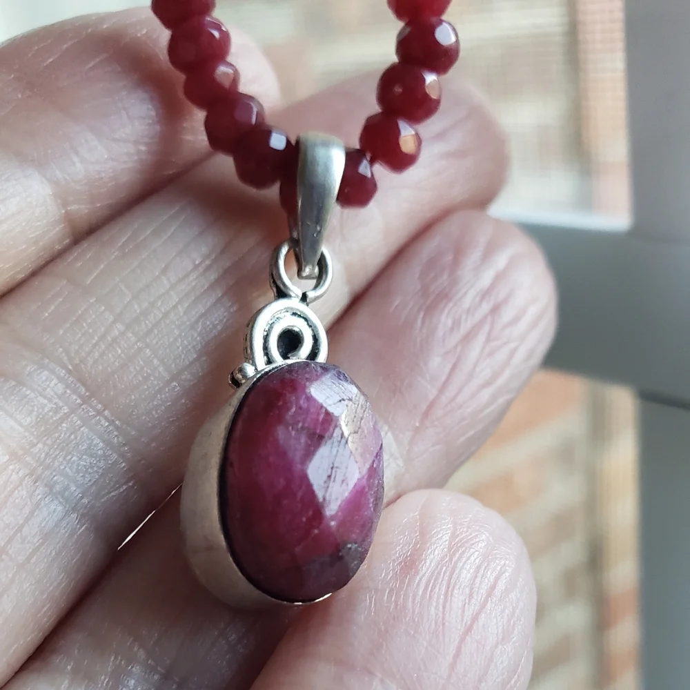 Natural Faceted Ruby & Silver Pendant On Beaded Ruby Strand. NWOT. Artisan-made. - Picture 4 of 5